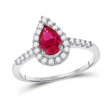  10k White Gold Womens Pear Synthetic Ruby Solitaire Diamond Frame Ring 1-1/5 Cttw