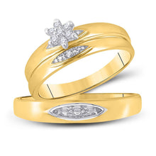  10k Yellow Gold His Hers Round Diamond Cluster Matching Wedding Set 1/12 Cttw