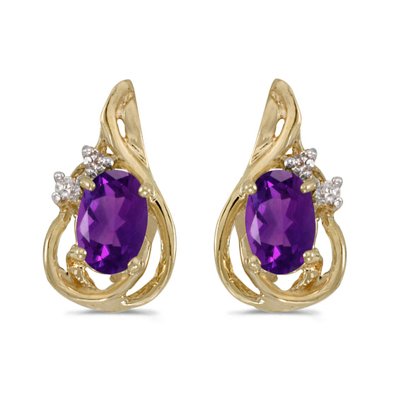 14k Yellow Gold Oval Amethyst And Diamond Teardrop Earrings