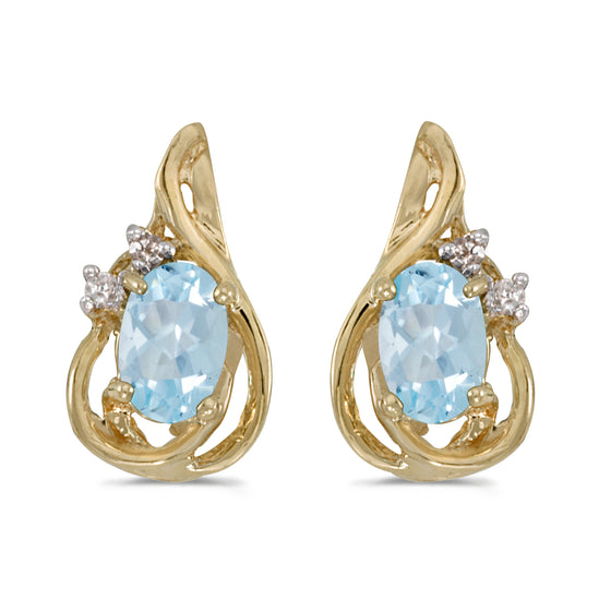 14k Yellow Gold Oval Aquamarine And Diamond Teardrop Earrings