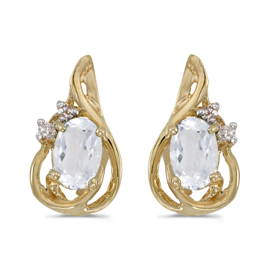 14k Yellow Gold Oval White Topaz And Diamond Teardrop Earrings