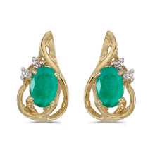  14k Yellow Gold Oval Emerald And Diamond Teardrop Earrings