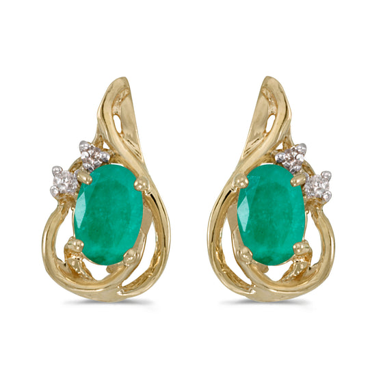 14k Yellow Gold Oval Emerald And Diamond Teardrop Earrings