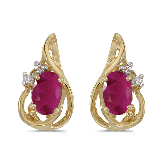 14k Yellow Gold Oval Ruby And Diamond Teardrop Earrings