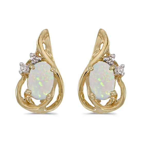 14k Yellow Gold Oval Opal And Diamond Teardrop Earrings