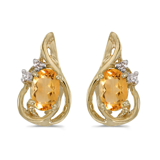 14k Yellow Gold Oval Citrine And Diamond Teardrop Earrings