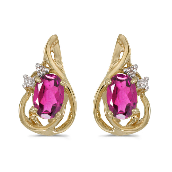 14k Yellow Gold Oval Pink Topaz And Diamond Teardrop Earrings