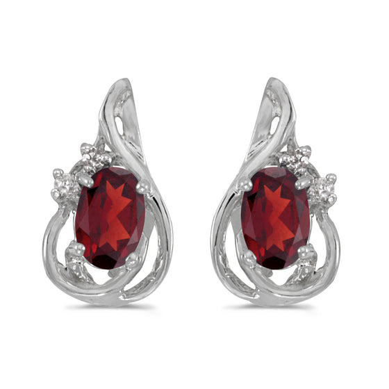 14k White Gold Oval Garnet And Diamond Teardrop Earrings