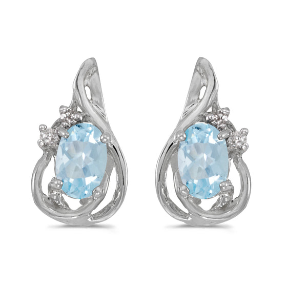 14k White Gold Oval Aquamarine And Diamond Teardrop Earrings