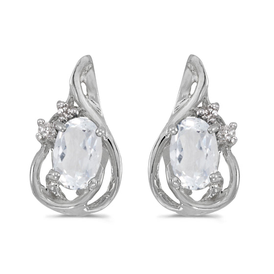 14k White Gold Oval White Topaz And Diamond Teardrop Earrings