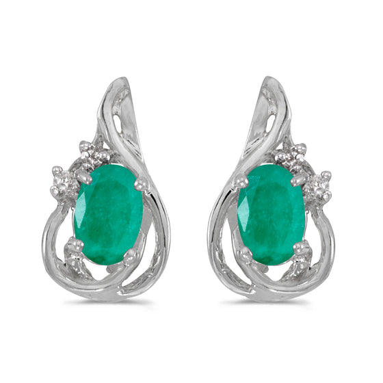 14k White Gold Oval Emerald And Diamond Teardrop Earrings
