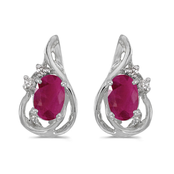 14k White Gold Oval Ruby And Diamond Teardrop Earrings