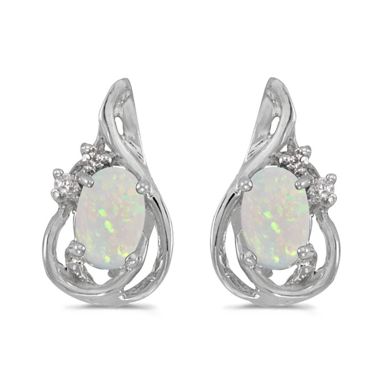 14k White Gold Oval Opal And Diamond Teardrop Earrings