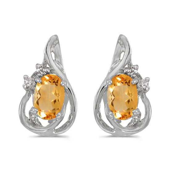 14k White Gold Oval Citrine And Diamond Teardrop Earrings