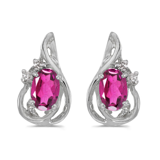 14k White Gold Oval Pink Topaz And Diamond Teardrop Earrings