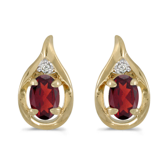 14k Yellow Gold Oval Garnet And Diamond Earrings