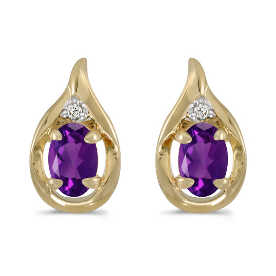 14k Yellow Gold Oval Amethyst And Diamond Earrings