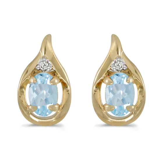 14k Yellow Gold Oval Aquamarine And Diamond Earrings