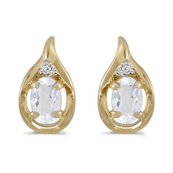 14k Yellow Gold Oval White Topaz And Diamond Earrings