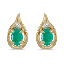  14k Yellow Gold Oval Emerald And Diamond Earrings