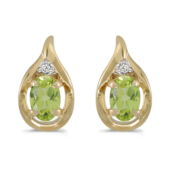 14k Yellow Gold Oval Peridot And Diamond Earrings