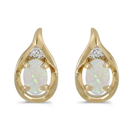 14k Yellow Gold Oval Opal And Diamond Earrings