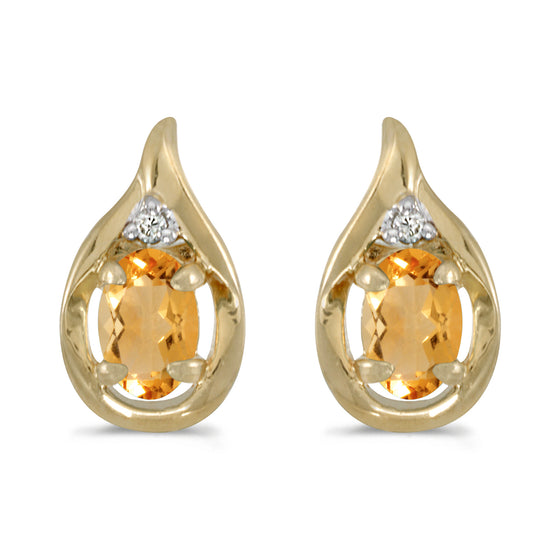14k Yellow Gold Oval Citrine And Diamond Earrings