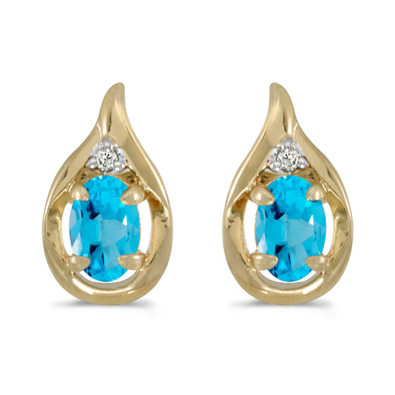 14k Yellow Gold Oval Blue Topaz And Diamond Earrings