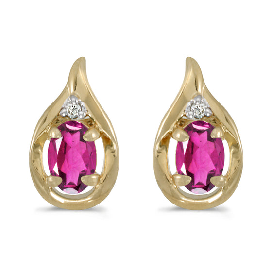 14k Yellow Gold Oval Pink Topaz And Diamond Earrings