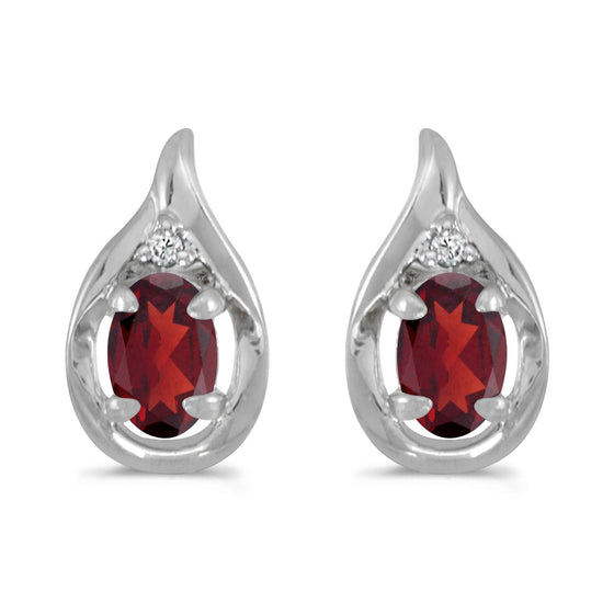 14k White Gold Oval Garnet And Diamond Earrings