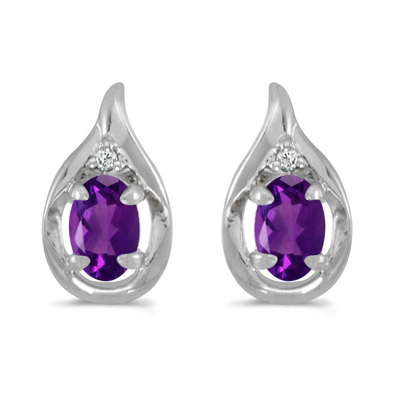 14k White Gold Oval Amethyst And Diamond Earrings