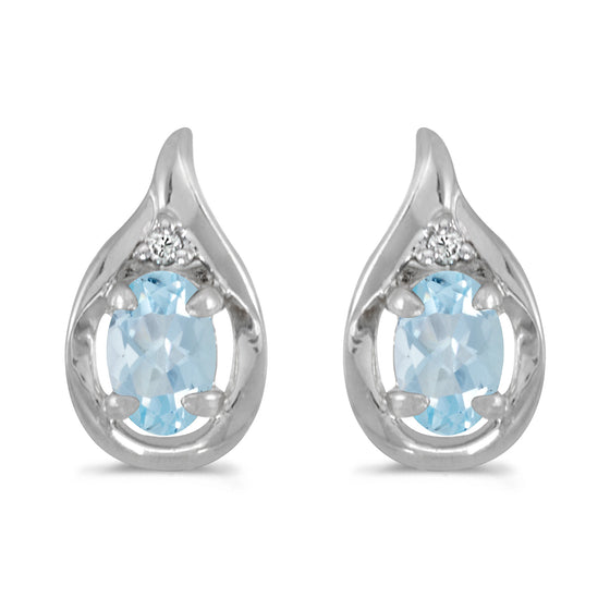 14k White Gold Oval Aquamarine And Diamond Earrings