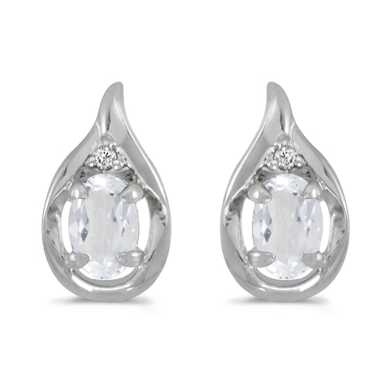 14k White Gold Oval White Topaz And Diamond Earrings