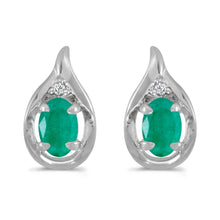  14k White Gold Oval Emerald And Diamond Earrings