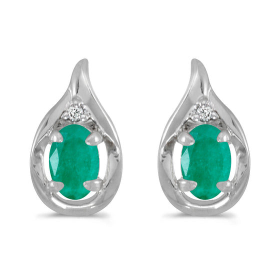 14k White Gold Oval Emerald And Diamond Earrings