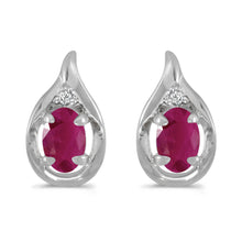  14k White Gold Oval Ruby And Diamond Earrings