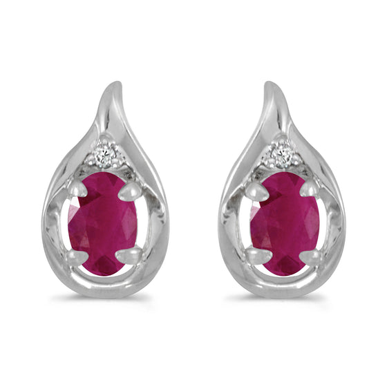 14k White Gold Oval Ruby And Diamond Earrings