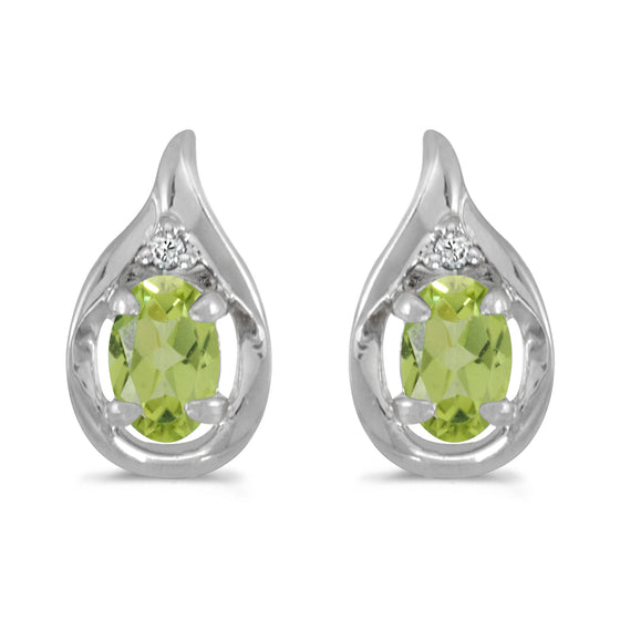 14k White Gold Oval Peridot And Diamond Earrings