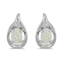  14k White Gold Oval Opal And Diamond Earrings