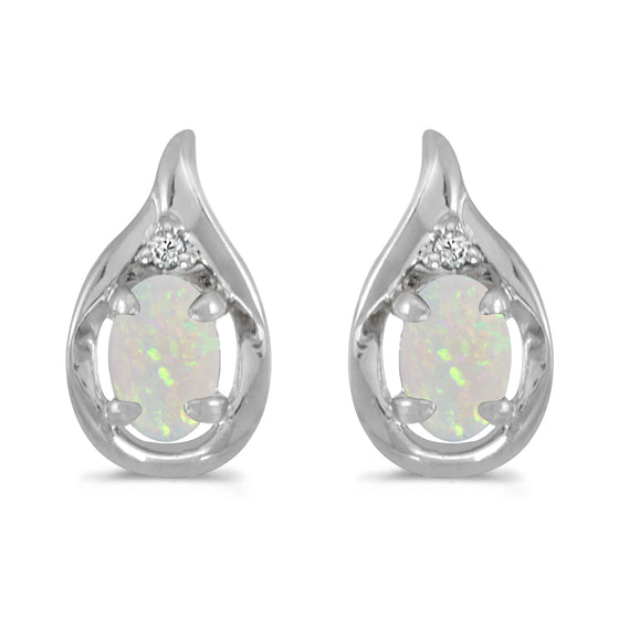14k White Gold Oval Opal And Diamond Earrings
