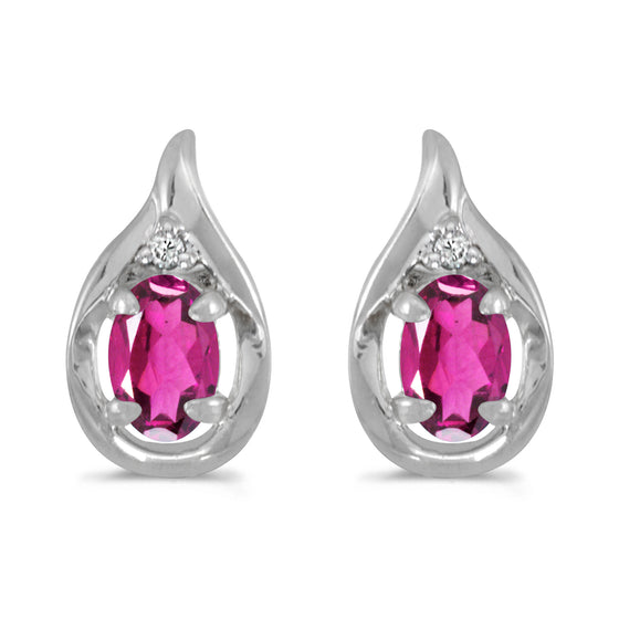 14k White Gold Oval Pink Topaz And Diamond Earrings