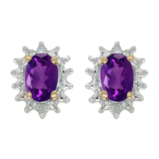 14k Yellow Gold Oval Amethyst And Diamond Earrings