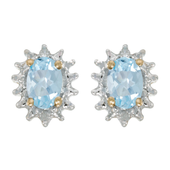 14k Yellow Gold Oval Aquamarine And Diamond Earrings