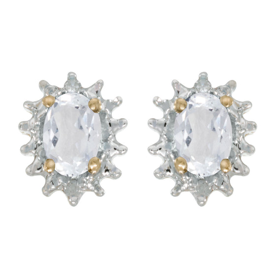 14k Yellow Gold Oval White Topaz And Diamond Earrings