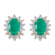  14k Yellow Gold Oval Emerald And Diamond Earrings