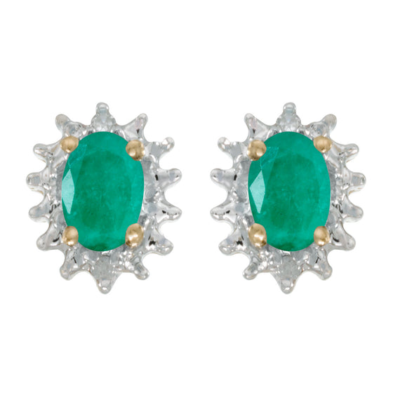 14k Yellow Gold Oval Emerald And Diamond Earrings