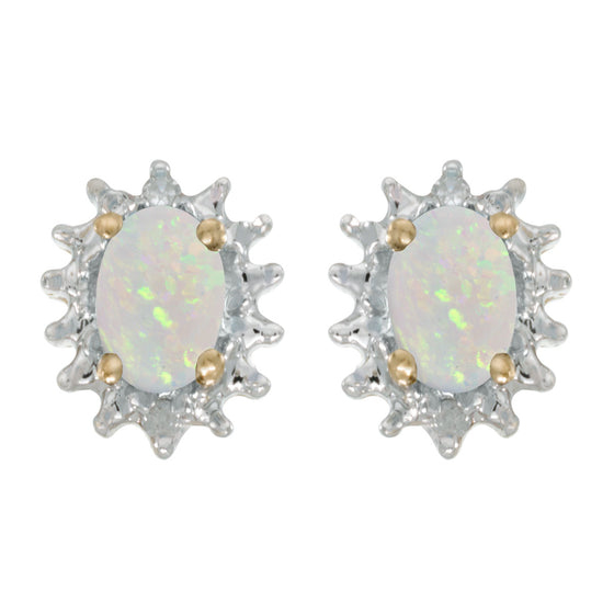 14k Yellow Gold Oval Opal And Diamond Earrings