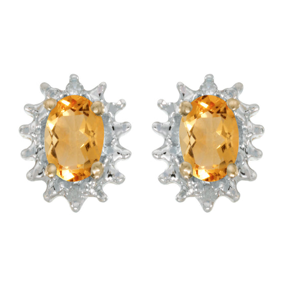 14k Yellow Gold Oval Citrine And Diamond Earrings