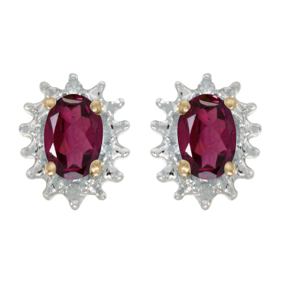 14k Yellow Gold Oval Rhodolite Garnet And Diamond Earrings