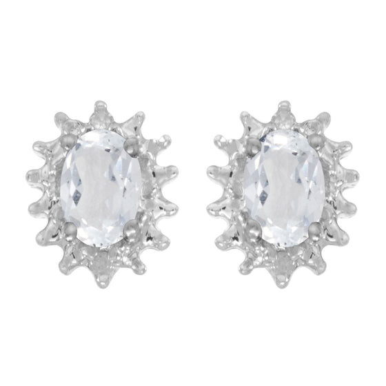 14k White Gold Oval White Topaz And Diamond Earrings